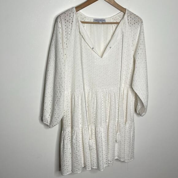 Karina Grimaldi Womens Irina Eyelet Mini Dress XS White Boho Tasseled Tiered - Picture 4 of 11